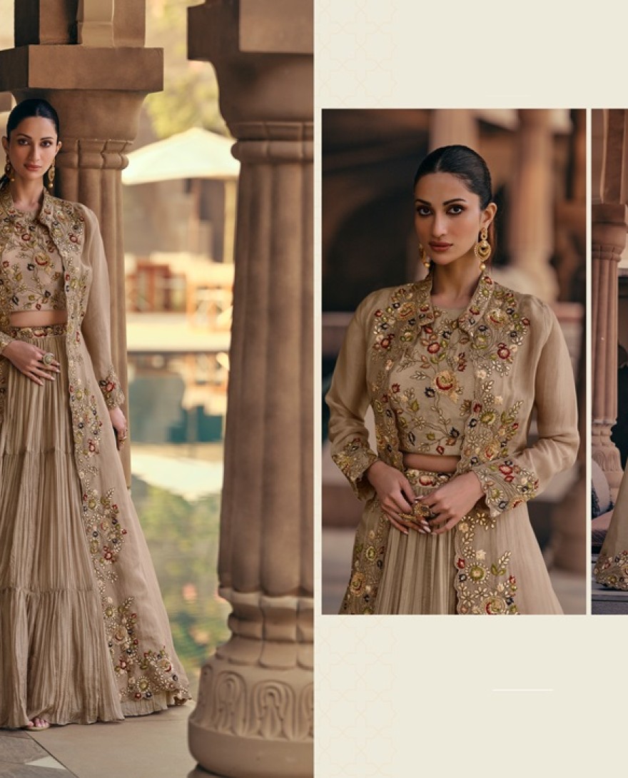 5532 - CHIKU COLOUR LEHENGA WITH FANCY KOTI FRONT AND BACK EMBROIDERED